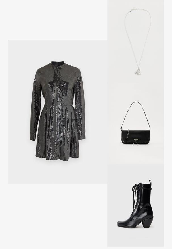 Melnas sekvīru kleitas ar garām piedurknēm un augstu kakla linetni, ar pieguļošu ķermeni un A formas svārkiem. Uztverama atstarojoša tekstūra visā kleitā.; Melnas ādas potīšu zābaki ar kvadrātveida purngalu, priekšējo šņorēšanu un masīlu, uzliekamu papēdi. Gluda tekstūra un izsmalcināts apdare.; Melnas ādas rokassomā ar sudraba ķēdes siksnu, kurai ir dekoratīvi spārnu akcenti un baltā šuvēšana apakšējā šuvē.; Sudraba ķēdes kaklarota ar raķetes piekari, kura centrā ir apaļš dimanta izskata akmens un apļa forma. Sīki izstrādāta un pulēta virsma.