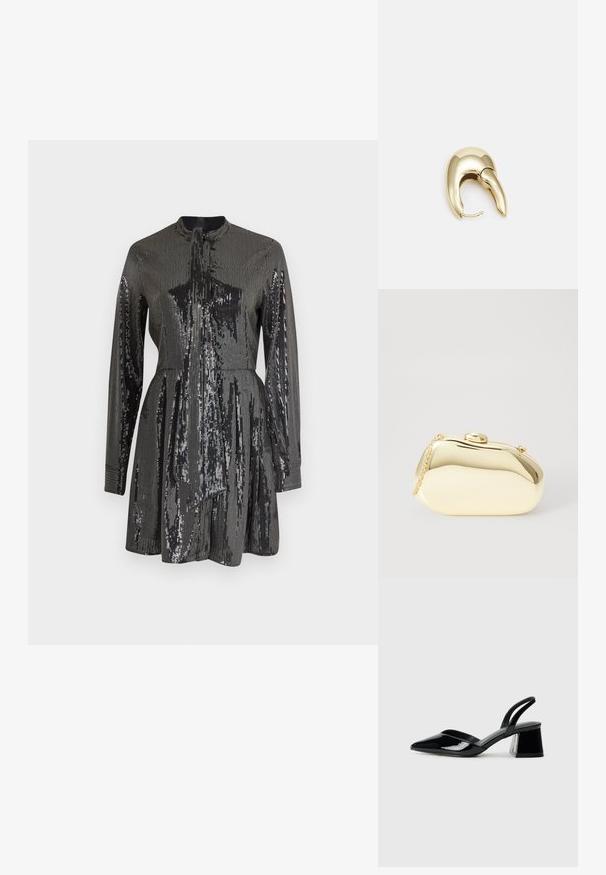 Črna obleka s sequini, dolgimi rokavi in visokim vratnim izrezom, ki ima prilegajoče se telo in A-linijski krilo. Obleka ima odbojen teksturo po celotni površini.; Črne lakirane slingback pete s koničastim nosom in geometrijsko blokasto peto. Imajo eleganten, minimalističen dizajn in gladko teksturo.; Metalna zlata torbica z gladko, zaobljeno obliko, opremljena z zgornjim gumbom in majhnim verižnim ročajem za nošenje.; Uhane nakit iz zlatastega tona z gladko, ukrivljeno zasnovo. Ima edinstveno koničasto obliko, polirano površino in zaponko s tečajem.