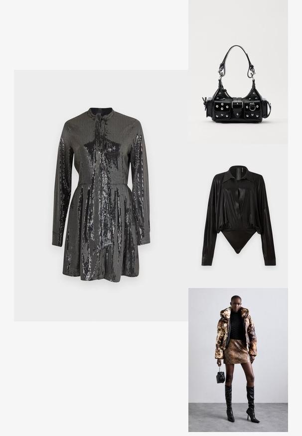 Musta paljeteilla koristeltu mekko, jossa on pitkät hihat ja korkea kaula-aukko, sekä istuva yläosa ja A-linjainen hame. Heijastava pinta kauttaaltaan.; Musta catsuit pitkillä hihoilla, V-pääntiellä ja tiukalla siluetilla. Valmistettu kiiltävästä, sileästä kankaasta, jossa on jämäkkä kaulus ja hihansuut.; Puffer-takki ruskealla ja mustalla kuviolla, yhdistettynä ruskeaan käärmeennahkakuosiseksi mini-hameeseen, mustiin polvimittaisiin saappaisiin ja pieneen mustaan laukkuun.; Musta nahkainen käsilaukku, jossa on kaareva muotoilu, hopeiset niitit, solki ja kaksi sivutaskua. Säädettävä olkahihna erilaisiin kantovaihtoehtoihin.