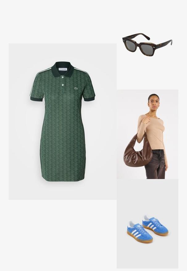 Rochie polo verde cu mâneci scurte, model geometric texturat, guler și dungi laterale albe. Prezintă un mic logo pe piept.; Pantofi sport din suede albastru cu accente albe, talpă din cauciuc și guler căptușit pentru confort. Prezintă un design clasic cu șireturi.; Ochelari de soare dreptunghiulari cu ramă din plastic cu model broască țestoasă, lentile închise la culoare și accente argintii pe laterale. Fabricat în Italia.; Geantă hoboo din piele maro cu un design lejer și o textură netedă. Purtați-o casual de un model, având o deschidere mare și o formă rotundă.