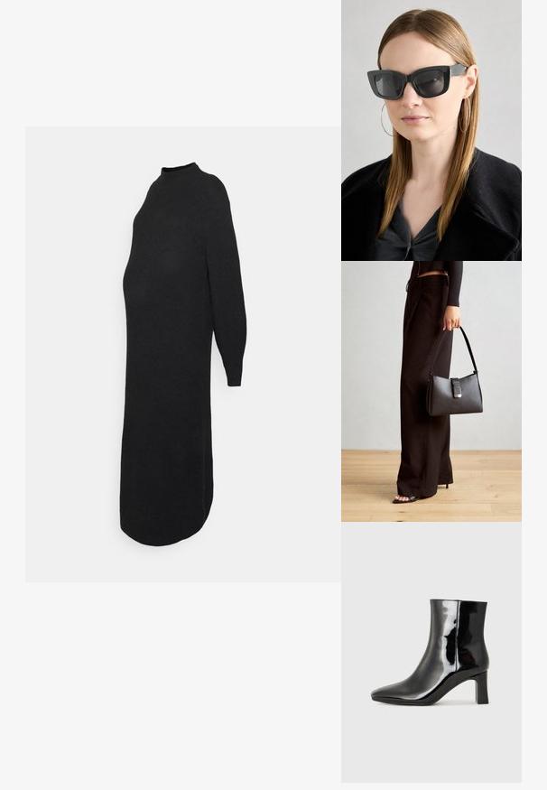 ONLY MATERNITY OLMLUCCA DRESS - Vestido de malha - black; Botim de tornozelo em pele sintética preta com bico apontado e salto bloco de altura média. Textura suave e design minimalista.; Óculos de sol pretos em formato de gato com lentes escuras, armações grossas e acentos subtis. Usados com um casaco preto e uma blusa cinza, apresentando cabelo longo e liso.; Bolsa preta com forma estruturada, textura suave e um fecho metálico. Combinada com calças largas pretas e sandálias de salto aberto sobre um chão de madeira.