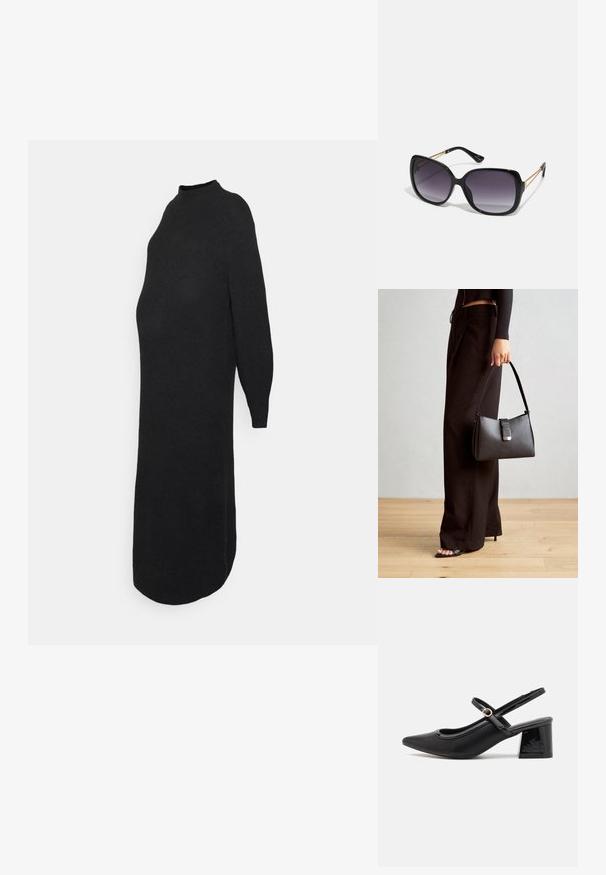 ONLY MATERNITY OLMLUCCA DRESS - Rochie tricotată - black; Cizme cu toc slingback din piele sintetică lacuită neagră, cu vârful ascuțit, un design cu decupaj rotunjit și toc bloc. Include un accent cu cataramă de culoare aurie.; Ochelari de soare negri, supradimensionați, cu lentile degradate, rame groase și detalii cu lanț de ton auriu pe brațele templului.; Genți negre cu o formă structurată, textură netedă și un închizător metalic. Asortată cu pantaloni negri largi și sandale cu vârf deschis pe un podea din lemn.