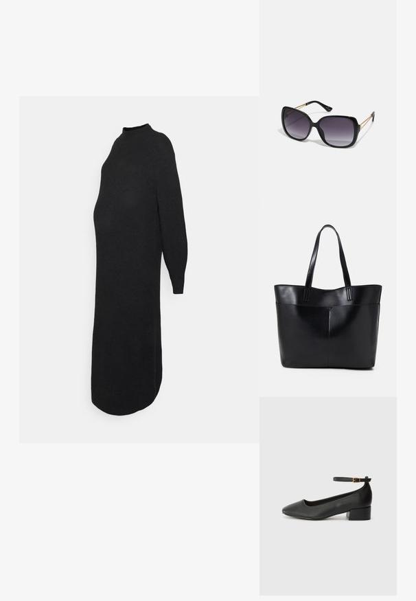 ONLY MATERNITY OLMLUCCA DRESS - Pulóverruha - black; Fekete bőr magassarkú cipő hegyes orral és alacsony tömb sarkal. Bokapánttal rendelkezik, aranyszínű csattal. Simább textúra.; Fekete, oversize napszemüveg fokozatos árnyalatú lencsékkel, vastag kerettel és arany színű lánc díszítéssel a szárakon.; Fekete bőr bevásárlótáska két hosszú fogantyúval, sima felülettel és strukturált formával. Elülső zseb található rajta a plusz tárolás érdekében.