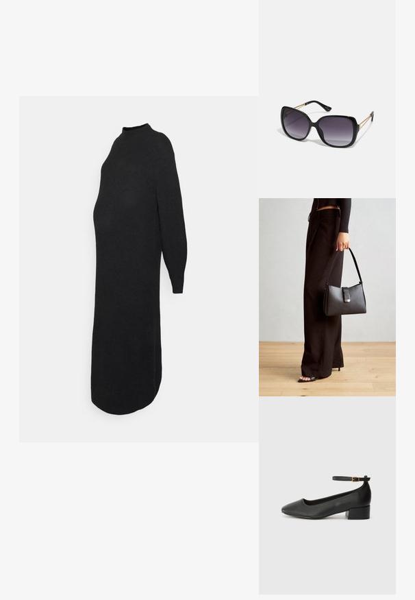 ONLY MATERNITY OLMLUCCA DRESS - Sukienka dzianinowa; Czarne skórzane szpilki z ostrym noskiem i niskim słupkowym obcasem. Wyposażone w pasek na kostkę z złotym zapięciem. Gładka tekstura.; Czarne oversize okulary przeciwsłoneczne z gradientowymi soczewkami, grubymi oprawkami i złotym łańcuszkiem na ramionach.; Czarna torebka o usztywnionym kształcie, gładkiej fakturze i metalowym zapięciem. Połączona z szerokimi czarnymi spodniami i sandałami na otwartym palcu na drewnianej podłodze.