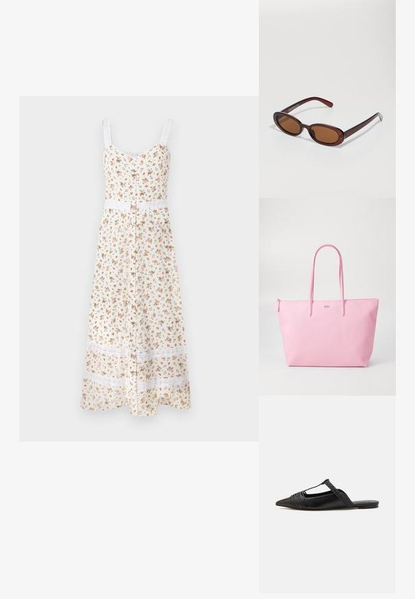 Rochie midi florală în crem, cu bretele subțiri ajustabile, închidere cu nasturi în față și dantelă albă la talie și la margine. Prezintă floricele mici portocalii și verzi.; Pantofii din piele neagră cu curea la spate au vârful ascuțit, prezentând un accent țesut și un design superior pliat. Talpa joasă cu hardware minim.; Ochelari de soare rotunzi, cu nuanțe de brown și cu un cadru lucios de burgund. Brațe subțiri cu detalii subtile de branding. Design cu lentile plate.; Geanta tote roz realizată dintr-un material texturat, având două mâneri lungi și un logo embosat pe față. Închidere superior cu fermoar.