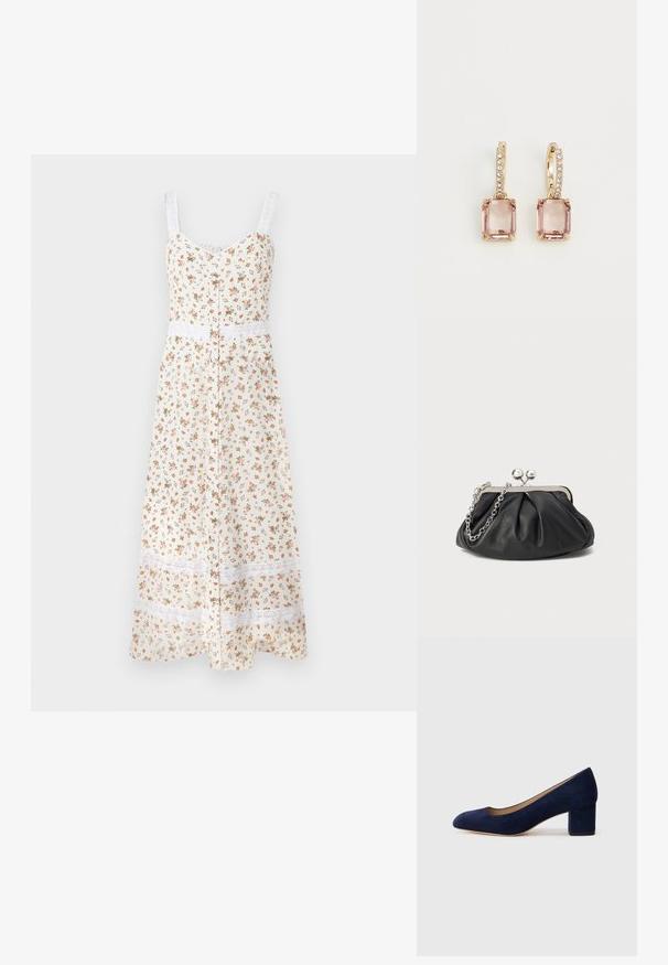 Floral midi dress in cream with adjustable spaghetti straps, button front, and white lace trim at the waist and hem. Features small orange and green flowers.; Navy blue suede pump with a pointed toe and a mid-height block heel. Smooth texture with a subtle sheen and a small cutout at the front.; Black leather clutch with gathered texture, silver-tone metal frame, kiss-lock closure, and chain strap. Smooth, soft surface.; Lauren Ralph Lauren HUGGIE DROP - Earrings - gold-coloured/vintagerose