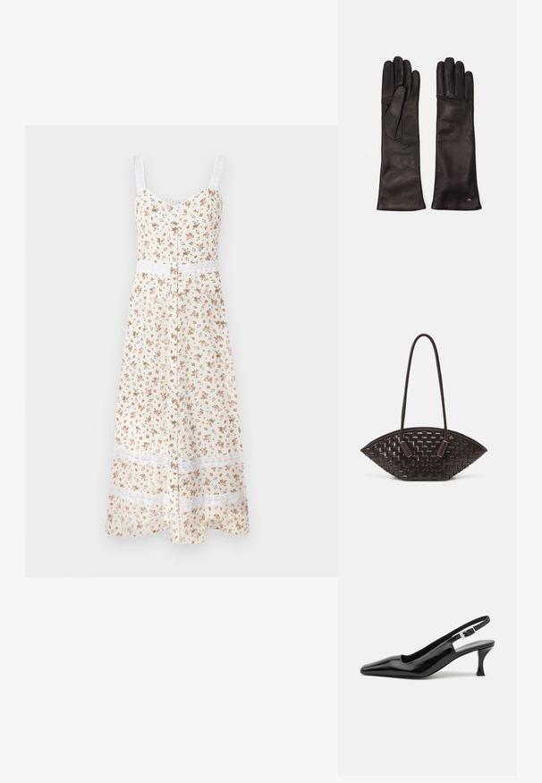 Abito midi floreale in crema con spalline sottili regolabili, apertura con bottoni e pizzo bianco in vita e all'orlo. Presenta piccoli fiori arancioni e verdi.; Scarpe con tacco alto a punta in vernice nera, con laccio sul retro e un dettaglio con fibbia argentata sul tallone, caratterizzate da una finitura liscia e lucida.; THEMOIRè OLIMPIA - Borsa a mano - fondant; Weekend Max Mara SENAPE - Guanti - nero