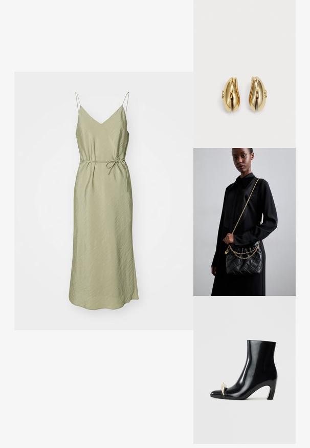 Abito in satin verde oliva chiaro con spalline sottili, scollatura a V, vita aderente e gonna fluida lunga fino alla caviglia con finitura texture.; Stivale nero alla caviglia in pelle lucida, con punta affusolata e un accento decorativo in oro e argento nella parte anteriore. Design con tacco a blocco.; Borsa a tracolla in pelle nera trapuntata con apertura arricciata, tracolla in catena dorata e forma rettangolare, appoggiata su uno sfondo semplice.; Orecchini in tonalità oro con un design fluido e curvato. Ogni orecchino presenta una superficie liscia e un piccolo gancio con un dettaglio decorativo.