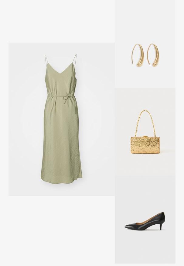 Šviesiai alyvuogių žalia satino suknelė su špagetėmis, v formos iškirpte, prigludusia juosmeniu ir plačia, iki kulkšnies siekiančia sijonu, turinčiu tekstūrinį paviršių.; Juodos odinės aukštakulnės bateliai su smailiu nosiu, žemu kulnu ir lygiu paviršiumi. Priekyje yra nedidelis atvirumas, o gale minimalus apdaila.; Auksinė blizgučių rankinė, stačiakampio formos, su susuktos grandinėlės rankena ir metaliniu užsegimu, atspindinti šviesą su tekstūruotu paviršiumi.; Auksinės metalinės auskarų kabės su lenktą, pailgą forma. Turi lygų, blizgantį paviršių ir užapvalintą galiuką papildomam akcentui.