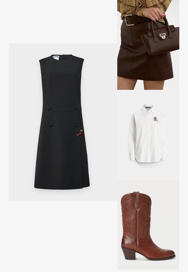 Black sleeveless dress with a fitted bodice, flared skirt, front buttons, and a gold brooch with red accents on the side.; White button-up shirt in cotton with long sleeves, pointed collar, and a navy logo embroidered on the left chest. Rounded hem at the bottom.; Brown leather cowboy boot with pointed toe, embossed western design, and a stacked heel. Features stitching and smooth texture.; Brown leather handbag with a textured finish and silver hardware, held with a hand beside a brown leather skirt and patterned sweater.