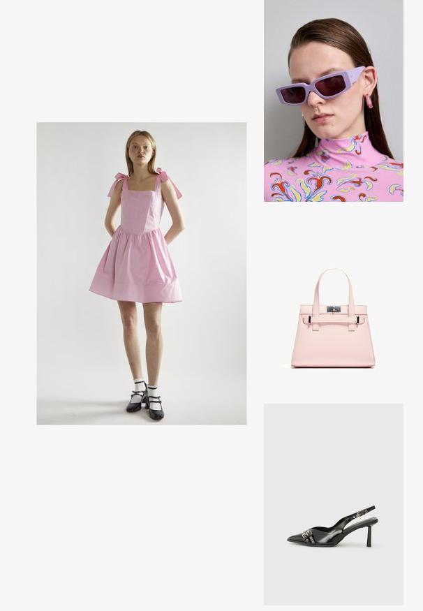 Rosa Baumwollkleid mit quadratischem Ausschnitt, gerafftem Rock und Bindebändern. Kombiniert mit schwarzen Mary Jane Schuhen und weißen Rüschenstrümpfen.; Schwarzer Lackleder Slingback-Schuh mit spitzem Zehenbereich, Knöchelriemen mit silbernen Schnallen und Beschlägen sowie einem schlanken Absatz.; Lila rechteckige Sonnenbrille mit dunklen, getönten Linsen, getragen mit einem pinkfarbenen, gemusterten Rollkragenpullover mit floralen Designs und lebhaften Akzenten.; Rosa strukturierte Handtasche aus strukturiertem Leder mit zwei Obergriffen, einem Klappverschluss und kontrastierenden Metallelementen.