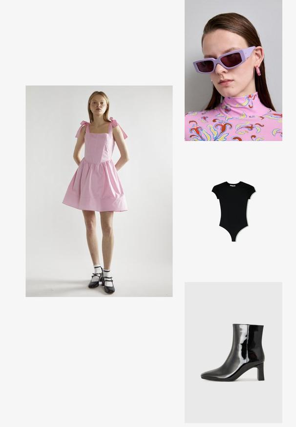 Vaaleanpunainen puuvillamekko neliön muotoisella pääntiellä, laskostetulla hameella ja solmittavilla olkaimilla. Yhdistetty mustiin Mary Jane -kengiin ja valkoisiin frillireunaisiin sukkiin.; Mustat lyhythihaiset bodysuitit, joissa on pyöreä kaula-aukko ja korkealle leikattu lahje, valmistettu sileästä ja joustavasta kankaasta.; Musta patenttilakattu nilkkuri, jossa on terävä kärki ja keskipitkä lohkarekorko. Silkkinen pinta ja minimalistinen muotoilu.; Violetti suorakulmaiset aurinkolasit tummilla laseilla, joita käytetään ruusu- ja kirkkaanvärisen kukkakuosiset poolopaidan kanssa.; Bershka WITH CHAIN - Käsilaukku - black