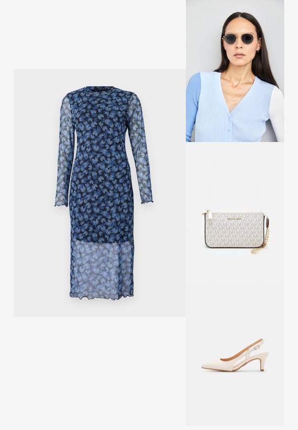 Šaty s dlhým rukávom v tmavom námorníckom odtieni s priesvitnou tkaninou, s kvetinovým vzorom v svetlomodrej farbe, zaobleným výstrihom a zúbkovanými okrajmi.; Biele slingback topánky na podpätku s ostrou špičkou, hladkým vrchným materiálom, nízkym blokovým podpätkom a bočným výrezom s nastaviteľným remienkom na pracku.; Okrúhle slnečné okuliare s tmavými šošovkami a zlatým rámom. Modelka má na sebe svetlomodrý pletený kardigán s gombíkmi a bielymi rukávmi v kontraste.; Michael Kors zápästná taška v béžovej potiahnutej plátenej tkanine s opakujúcim sa vzorom loga MK, zlatým kovania a odnímateľným reťazovým popruhom.