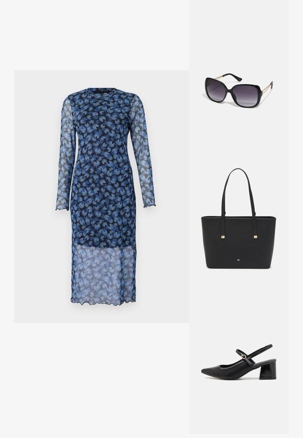 Vestido de manga longa em azul marinho escuro com tecido transparente, apresentando um padrão floral em azul claro, decote arredondado e bordas em estilo escallopado.; Sabrinas de cerâmica preta com salto bloco, bico apontado e um design com recortes arredondados. Apresenta um detalhe em fivela de tom dourado.; Óculos de sol oversized pretos com lentes degradê, armações grossas e detalhes em corrente dourada nas hastes.; Saco tote preto feito de material sintético, apresentando um design retangular simples, com detalhes quadrados dourados e duas alças.