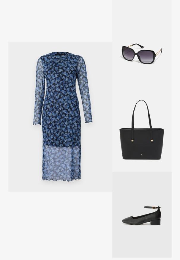 Dolga obleka z dolgimi rokavi v temno modri barvi iz prosojnega materiala, okrašena s cvetličnim vzorcem v svetlo modri barvi, zaobljenim ovratnikom in valovitimi robovi.; Črne usnjene pumpice z nazobčanimi prsti in nizko blokasto peto. Imajo trak okoli gležnja z zaponko v zlatem tonu. Gladka tekstura.; Črne prevelike sončne očala z degradacijskimi lečami, debelimi okvirji in zlatimi verižicami na ročajih.; Črna torba iz sintetičnega materiala, preproste pravokotne oblike, z zlatimi kvadratnimi detajli in dvojnih ročajem.