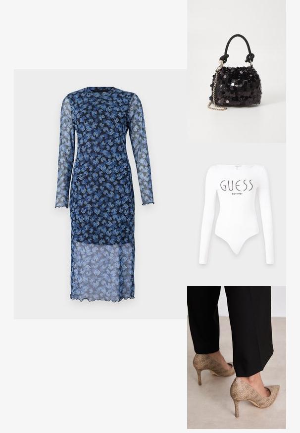 Haljina dugih rukava u tamnoplavoj boji s prozirnom tkaninom, koja sadrži cvjetni uzorak u svijetloplavoj boji, okrugli izrez i valovite rubove.; Bijela bodysuit s dugim rukavima i okruglim izrezom. Na prednjoj strani ispisani su "GUESS" logo i "EST.1981" u crnoj boji. Glatka tekstura.; Bež cipele s visokom petom izrađene od teksturiranog materijala s ponavljajućim uzorkom. Dizajn s oštrim vrhom s pozadinskim naglaskom i zlatnim detaljem na peti.; Crna mini torbica sa šljokicama, s čvorastim teksturiranim remenom i srebrnim lancem. Zaobljenog oblika s naboranim vrhom i reflektivnim detaljima.