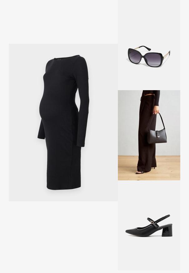 Vestido de maternidade preto em malha canelada com mangas longas e decote redondo, projetado para se ajustar confortavelmente sobre uma barriga em crescimento. Comprimento longo.; Sabrinas de cerâmica preta com salto bloco, bico apontado e um design com recortes arredondados. Apresenta um detalhe em fivela de tom dourado.; Óculos de sol oversized pretos com lentes degradê, armações grossas e detalhes em corrente dourada nas hastes.; Bolsa preta com forma estruturada, textura suave e um fecho metálico. Combinada com calças largas pretas e sandálias de salto aberto sobre um chão de madeira.