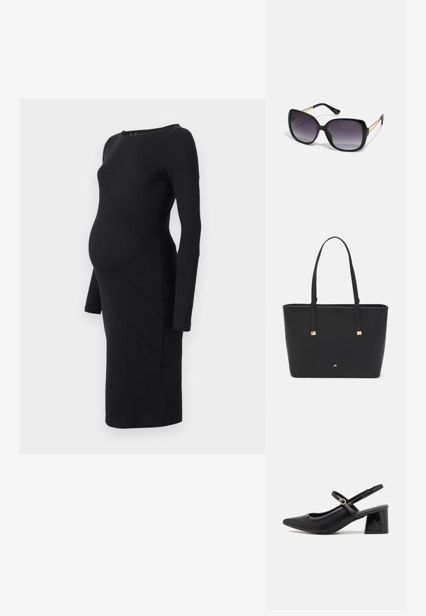 Černé pletené těhotenské šaty s dlouhými rukávy a kulatým výstřihem, navržené tak, aby pohodlně seděly na rostoucím bříšku. Dlouhá délka.; Černé lakované lodičky s otevřenou patou, špičatou špičkou, zaobleným střihem a blokovým podpatkem. Zdobené akcentem v zlatém tónu.; Černé oversized sluneční brýle se gradientními skly, silnými rámy a zlatými řetízkovými detaily na nožičkách.; Černá taška přes rameno vyrobená z umělého materiálu, s jednoduchým obdélníkovým designem, zlatými čtvercovými akcenty a dvojitými uchy.