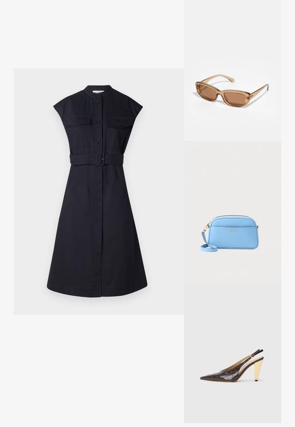 Czarna granatowa sukienka koszulowa z krótkimi rękawami, paskiem w talii, dwiema bocznymi kieszeniami i zapięciem na guziki z przodu. Gładki materiał z dopasowanym krojem.; Sandały na obcasie z przeszyciem w ciemnym brązowym lakierowanym faux krokodyle. Posiadają złoty geometrzyczny obcas oraz regulowany pasek wokół kostki.; Brązowe okulary przeciwsłoneczne w kształcie prostokąta, przezroczysta brązowa oprawka z plastiku i subtelne detale logo po bokach.; Jasnoniebieska skórzana torebka na ramię z złotymi akcentami, zamknięciem na zamek błyskawiczny i przednią kieszenią. Posiada regulowany pasek dla wygody.