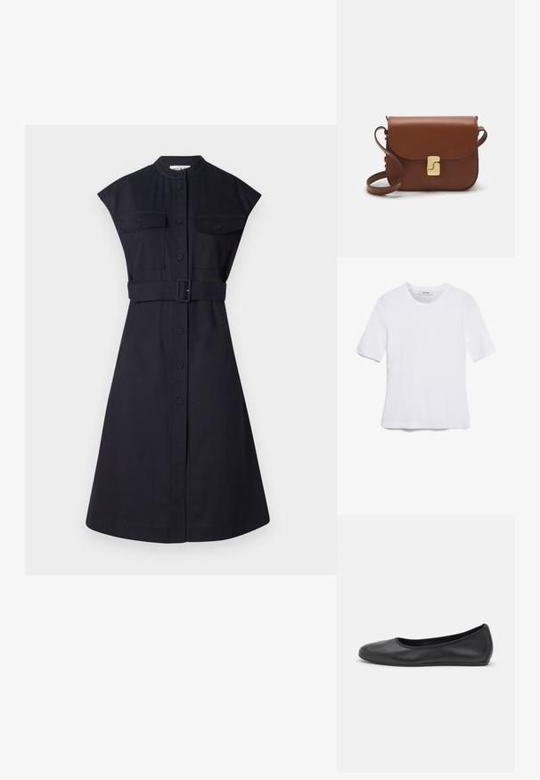 Tummanlahtiinen paitamekko, jossa on lyhyet hihat, vyötärölle menevä vyö, kaksi rintataskua ja edessä napitus. Tasainen kangas ja hyvin istuva leikkaus.; Valkoinen lyhythihainen t-paita, joka on valmistettu ribbytedusta kankaasta. Pyöreä pääntiie, normaali istuvuus ja hienovaraiset ompeluyksityiskohdat. Ei kuvioita tai grafiikkaa.; Musta nahkainen ballerina, jossa on pyöristetty kärki, sileä pinta, minimaalinen ommelkoristelu ja joustava pohjamuotoilu.; Ruskea nahkainen käsilaukku, jossa on läppäkiinnitys, kultasävyiset yksityiskohdat, olkahihna ja sileä pinta. Kompaktin suorakaiteen muotoinen.