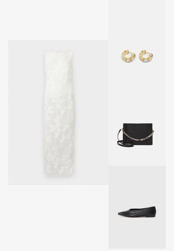 Bijela haljina bez rukava s izvezenim cvjetnim uzorkom, ravnog kroja i suptilnim sjajem, izrađena od laganog materijala.; Crne kožne balerinke, uski vrh, minimalistički dizajn, glatka tekstura, niska peta, bez vidljivih dodataka ili ukrasa.; Crna kožna torba preko tijela s glatkom teksturom, pravokutnim oblikom i metalnim lancem na prednjoj strani. Uključena je podesiva naramenica.; Zlatne okrugle naušnice s teksturiranim dizajnom i tri prozirne kristalne akcenta s jedne strane, nudeći modernu geometrijsku estetiku.