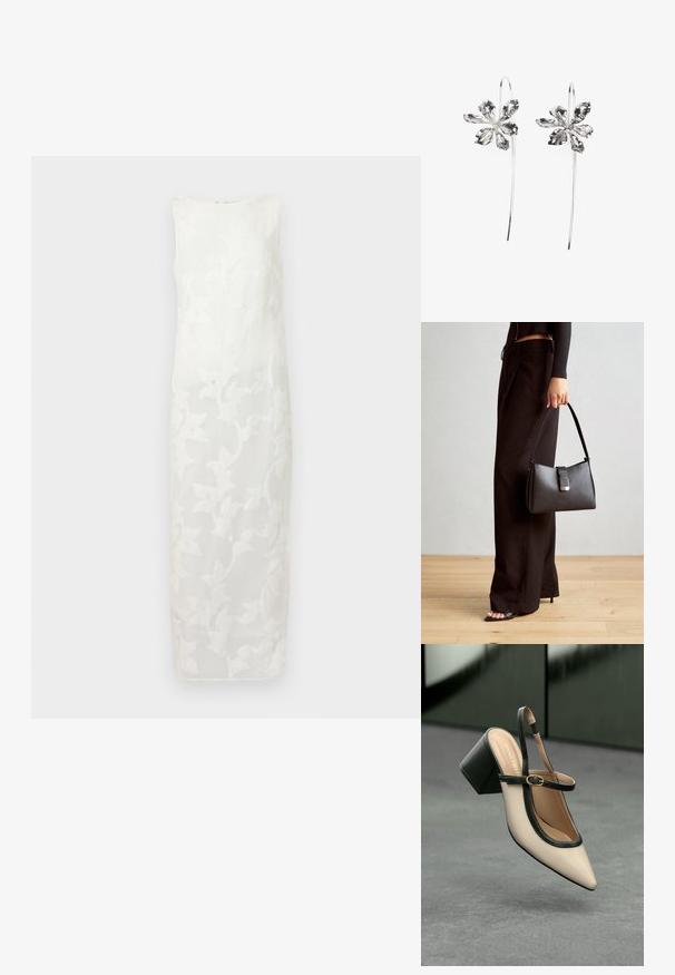 Biele bezrukávové šaty s vyšívaným kvetinovým vzorom, rovný strih a jemný lesk, vyrobené z ľahkého materiálu.; Béžová lodička so špicatou špičkou, s čiernym lemom, zlatou prackou a robustným blokovým podpätkom na šedom podlahe s tmavozeleným pozadím.; Čierna kabelka so štruktúrovaným tvarom, hladkou textúrou a kovovou sponou. V kombinácii so širokými čiernymi nohavicami a sandálmi s otvorenou špičkou na drevenej podlahe.; Strieborné náušnice v tvare kvetu s textúrovaným povrchom, vybavené dlhými háčikmi a detailmi pripomínajúcimi lupene pre zložitý dizajn.
