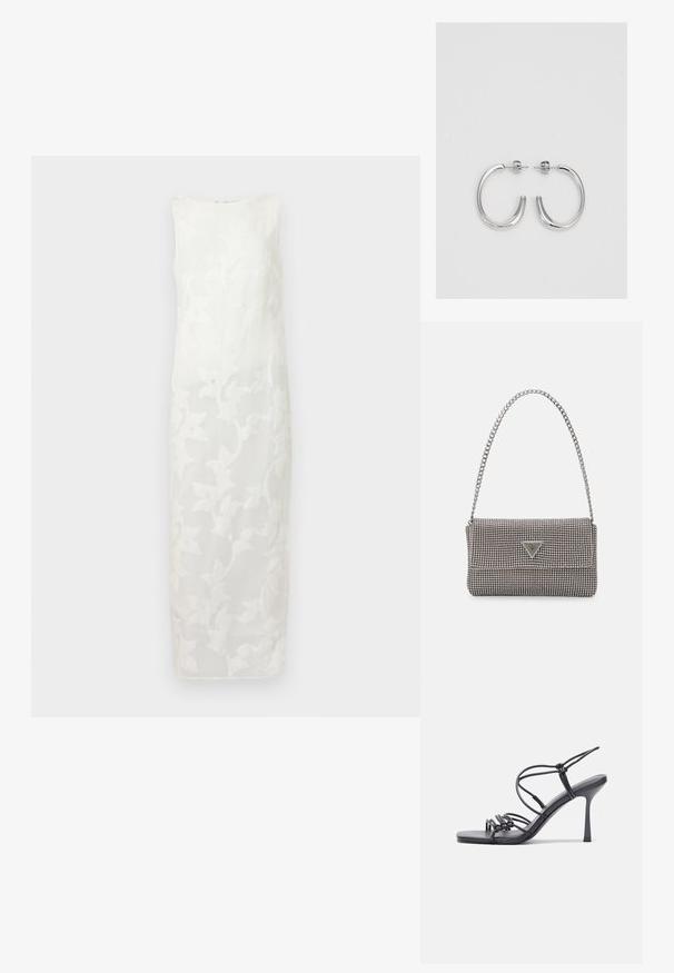 Bijela haljina bez rukava s izvezenim cvjetnim uzorkom, ravnog kroja i suptilnim sjajem, izrađena od laganog materijala.; Crne sandale na visokoj potpetici imaju tanke trake s čvorastim dizajnom, glatki kvadratni vrh i elegantnu stiletto petu.; Svijetlosivi metalik ruksač s lancem, ukrašen malim okruglim metalnim zakovicama i trokutastim logotipom marke.; Srebrne naušnice u obliku obruča sa glatkom, sjajnom površinom, zakrivljenog oblika i zatvaranjem na čep. Minimalistički dizajn s modernim završetkom.
