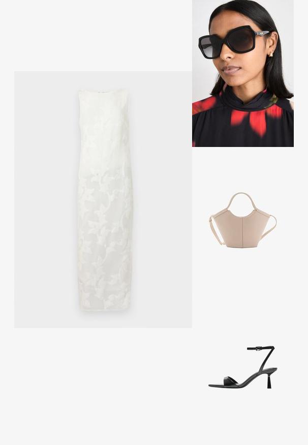 Bijela haljina bez rukava s izvezenim cvjetnim uzorkom, ravnog kroja i suptilnim sjajem, izrađena od laganog materijala.; Bershka Sandale s visokom petom - black; Crne oversized sunčane naočale s geometrijskim okvirom, tamno zatamnjenim staklima i zlatnim akcentima, uparene s bluzom s cvjetnim uzorkom i visokim ovratnikom.; Bež kožna torba jedinstvenog oblika, s dva kratka ručka i dugom podesivom trakom. Glatka tekstura s minimalnim metalnim dodacima.