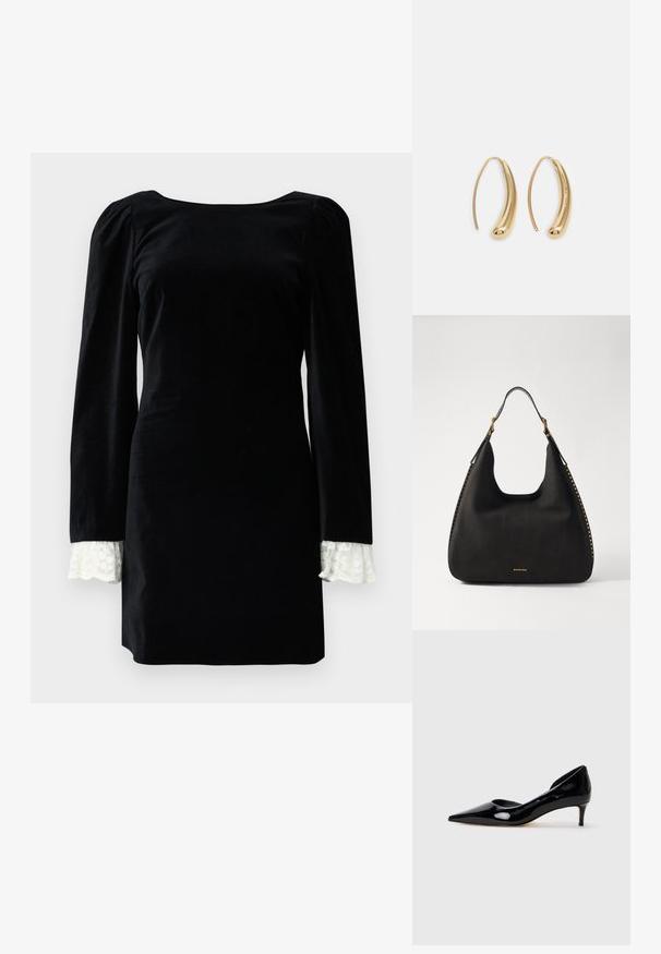 Crna baršunasta haljina dugih rukava, s bijelim čipkastim detaljima na manžetama i kvadratnim izrezom. Glatka tekstura, prilagođen oblik.; Ženske cipele na kitten heel s oštrim vrhom od crnog lakiranog kože, prikazane bočno na jednostavnoj svijetloj sivoj pozadini.; MICHAEL Michael Kors NOLITA HOBO  - Ručna torba - black; Zlatne metalne naušnice u obliku obruča s zakrivljenim, izduženim oblikom. Imaju glatku, sjajnu površinu i zaobljeni vrh za dodatni detalj.