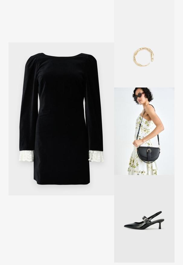 Abito in velluto nero con maniche lunghe, caratterizzato da un bordo in pizzo bianco ai polsini e un collo quadrato. Texture liscia, silhouette aderente.; Décolleté neri in vernice con punta affilata e tacco a blocco piccolo, dotati di un accentuato con fibbia argentata sulla cinturino.; Borsa a tracolla nera in pelle con una forma curva, manico rimovibile e accessori dorati. La borsa presenta una patta con un dettaglio a fibbia.; Anello in tono oro con un design organico e Twisted, caratterizzato da una superficie liscia e punte affusolate, che crea un aspetto moderno e scultoreo.