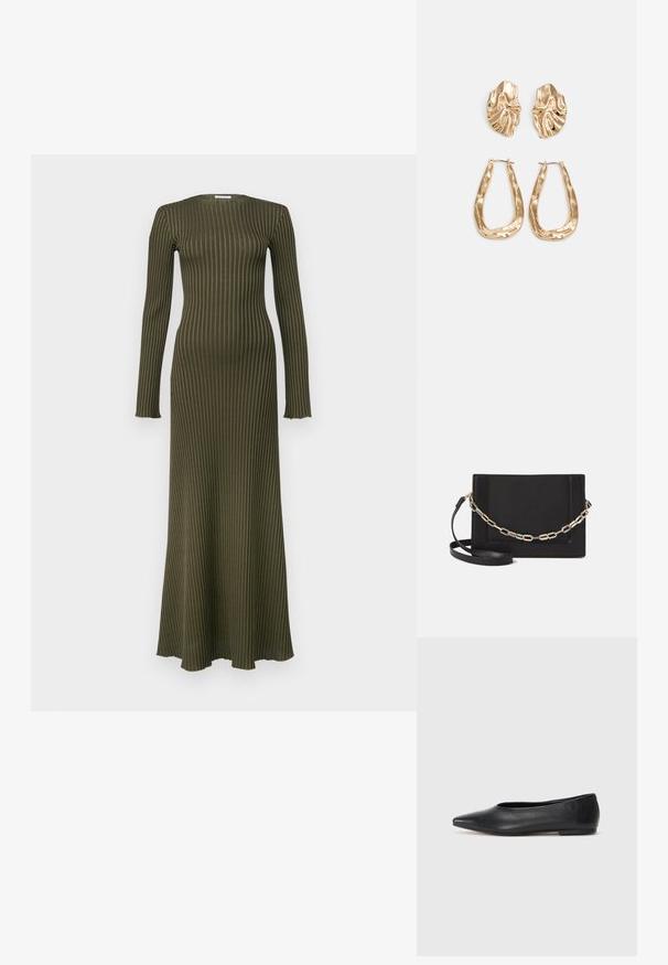 Olivgrünes, geripptes Langarmkleid mit gerader Silhouette, rundem Halsausschnitt und leicht ausgestellt geschnittenem Saum.; Schwarze Leder-Balletschuhe, spitze Zehenform, minimalistische Gestaltung, glatte Textur, niedriger Absatz, keine sichtbaren Beschläge oder Verzierungen.; Schwarze Leder-Crossbody-Tasche mit glatter Textur, rechteckiger Form und metallic-kettendetail auf der Vorderseite. Verstellbarer Gurt inklusive.; Ohrringe in Goldoptik mit strukturierten, gewellten Formen. Beinhaltet skulpturale Clip-Ohrringe und ein offenes Hoop-Design mit gehämmertem Finish.