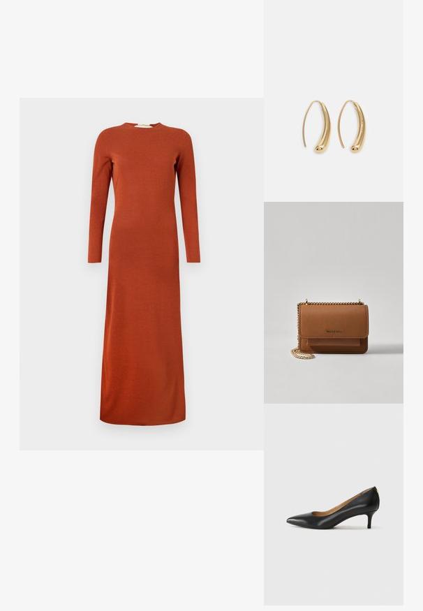 Pikkade varrukatega, roostes värvi kleit, mis on valmistatud pehmest, tekstuursetest kangast, ümarate kaelustega ja sirge siluetiga, ulatudes pahkluudeni.; Must musta musta, millel on terav nina, madal konts ja sile tekstuur. Omab pisut avatud osa ees ja minimaalset riistvara taga.; Pruun tekstureeritud nahk ristkeha kott kuldse ahelaga rihmaga ja klapiga sulgemine. Esiküljel on logo detail ja tasku klapi all.; Kuldtoonilised metallist rõngas kõrvarõngad, millel on kõver ja piklik kuju. Omavad siledat, läikivat pinda ja ümarat tipptugevdust, mis lisab detaili.