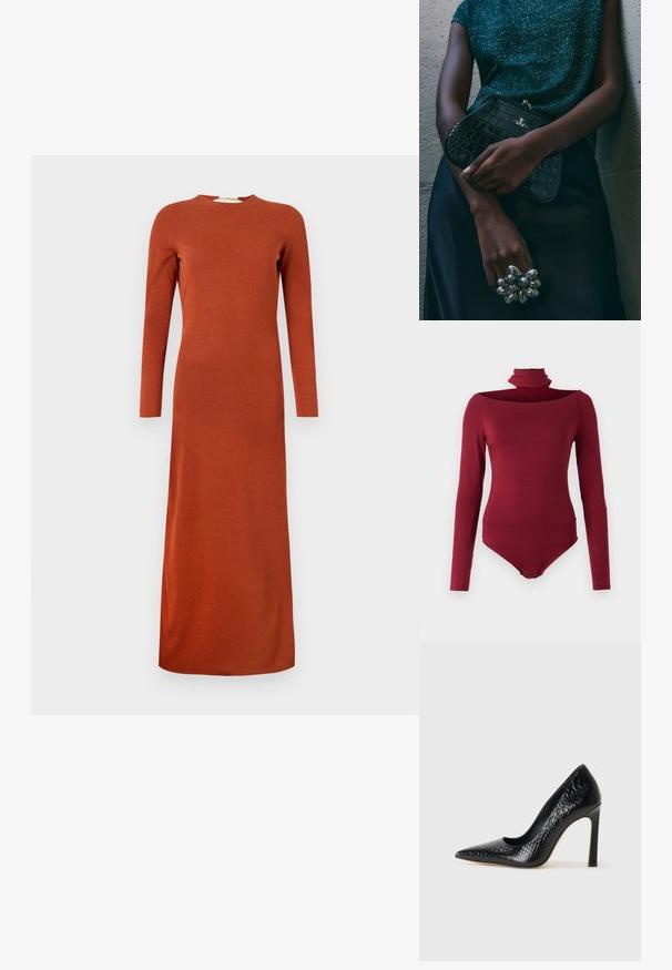 Abito a maniche lunghe di colore ruggine, realizzato in tessuto morbido e strutturato, con scollatura rotonda e silhouette dritta, che arriva fino alle caviglie.; Body con manica lunga, colletto alto e design off-shoulder in un colore borgogna uniforme. Realizzato in un tessuto morbido ed elasticizzato.; Scarpa nera con punta a punta alta in pelle di coccodrillo, caratterizzata da un design elegante, alto tacco a spillo e interno nero liscio.; Clutch bag nera con motivo coccodrillo e hardware argentato, appoggiata su uno sfondo grigio texture. Presenta una superficie lucida.