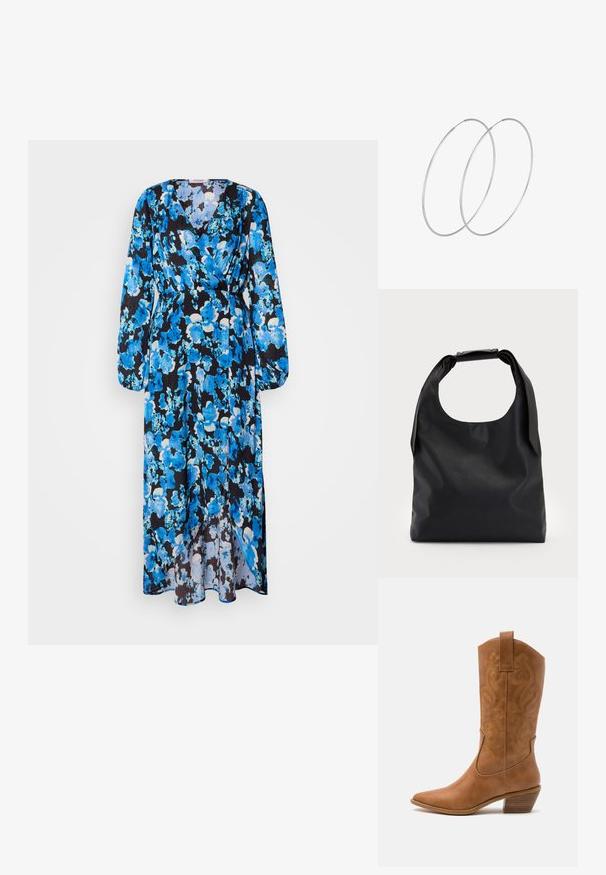 Dolga obleka z cvetličnim vzorcem v odtenkih modre barve na črni podlagi. Narejena iz lahkotnega materiala, z V-izrezom in dolgimi rokavi.; Rjavi usnjeni kauboj čevlji s koničastim nosom, vezenimi vijugastimi vzorci na zgornjem delu in zloženim kvadratnim peto. Imajo zanko za enostavno obuvanje.; Črna usnjena torba hobo z enim mehkobnim, okroglim ročajem; ima gladko teksturo in minimalističen dizajn. Brez vidnih kovinskih delov ali poudarkov.; Srebrne uhane v obliki obroča z minimalističnim dizajnom. Krožna oblika, gladka tekstura in tanek profil. Lahki s poliranim zaključkom.