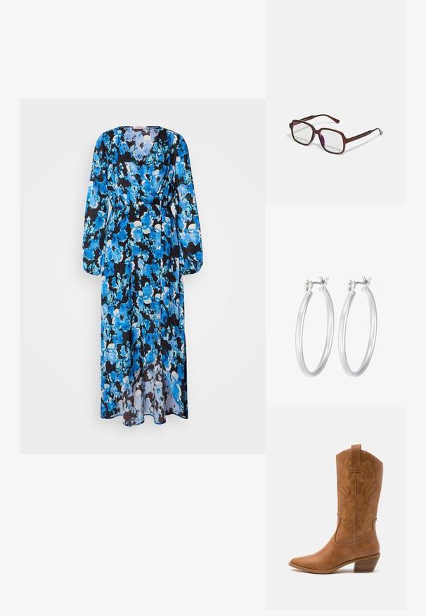 Dlhé šaty s kvetinovým vzorom v odtieňoch modrej na čiernom pozadí. Vyrobené z ľahkého materiálu s výstrihom do V a dlhými rukávmi.; Hnedé kožené kovbojské topánky s špicatou špičkou, vyšívanými vírivkami na štýle a blokovým podpätkom. Obsahuje praktický pútko na ľahké obúvanie.; Hnedé, obdĺžnikové dioptrické okuliare s priehľadnými šošovkami a fialovými odtieňmi. Hladký plastový rám so zásadnými nožičkami a jemnými akcentmi.; Strieborné kruhové náušnice s hladkým, lesklým povrchom. Kolový tvar a bezpečné klikanie na uzatváranie. Ľahký dizajn vhodný na každodenné nosenie.
