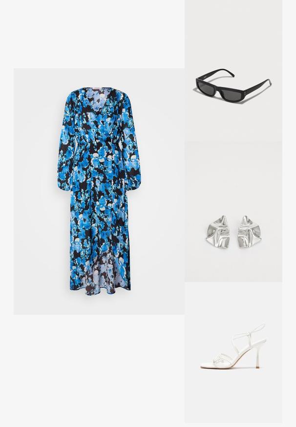 Lang kjole med blomstermønster i nyanser av blått på svart bakgrunn. Laget av lett materiale med V-hals og lange ermer.; Hvit stroppesandale med høy hæl og flatt tåfeste, teksturert front med rynkede detaljer, og en smal ankelreim.; Sorte solbriller med rektangulært ramme, som har mørke linser og tynne stenger. Gyldne høydepunkter nær hengslene.; Sølvmetall øredobber med et bølgete, skulpturelt design, preget av en polert finish og uregelmessige former, som fremhever en moderne estetikk.