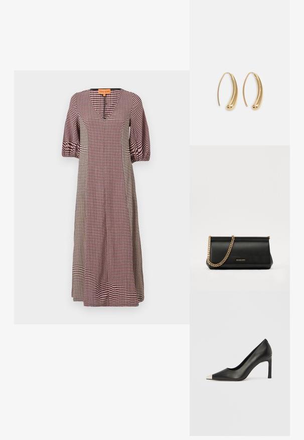 Checkered dress in pink, white, and black. Features a v-neck, puffed sleeves, and a straight silhouette. Soft fabric with a smooth texture.; Black leather high heel shoe with a pointed toe and a metallic silver cap. Features a smooth finish and a slender 10 cm heel.; Black leather clutch bag with a gold chain strap, featuring a smooth texture, rectangular shape, and embossed branding on the front.; Gold-tone metal hoop earrings with a curved, elongated shape. Features a smooth, shiny surface and a rounded tip for added detail.