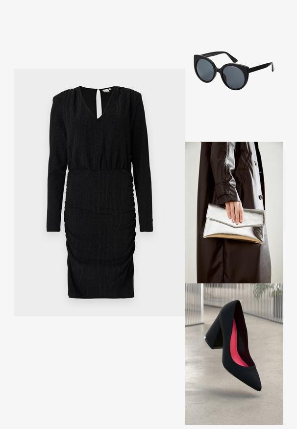 Melnas kleitas ar V veida kakla izgriezumu, garām piedurknēm, savirpinātu tekstūru un pieguļošu siluetu. Iezīmējas ar atpakaļējās atslēgas caurumu un elastīgu audumu.; Melna augsta papēža kurpe ar smailu purngalu, teksturētu virsmu un dzīvespriecīgu rozā interjeru. Satur masīlu papēdi ar sudraba akcentu.; Melnu pārmērīgu saulesbrilles ar kaķa acs formu, tumšiem lēcu tonēmiem un spīdīgu plastmasas rāmi. Ietver biezi tempļi atbalstam.; Sudraba metāla aploksne ar leņķveida dizainu, gludu tekstūru un kontrastējošu iekšējo krāsu, ko tur rokā, kas tērpta melnā mētelī.