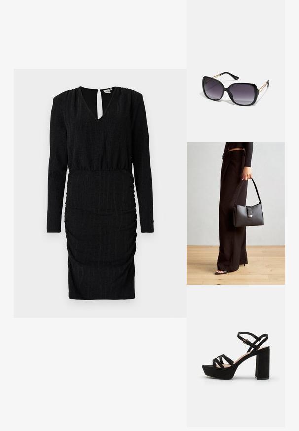 Black dress with a V-neck, long sleeves, gathered texture, and a fitted silhouette. Features a back keyhole opening and stretch fabric.; Black suede platform sandals with a block heel, featuring criss-cross straps and a buckled ankle strap for secure fit.; Black oversized sunglasses with gradient lenses, thick frames, and gold-tone chain detailing on the temple arms.; Black handbag with structured shape, smooth texture, and a metallic clasp. Paired with wide black pants and open-toe sandals on wooden floor.