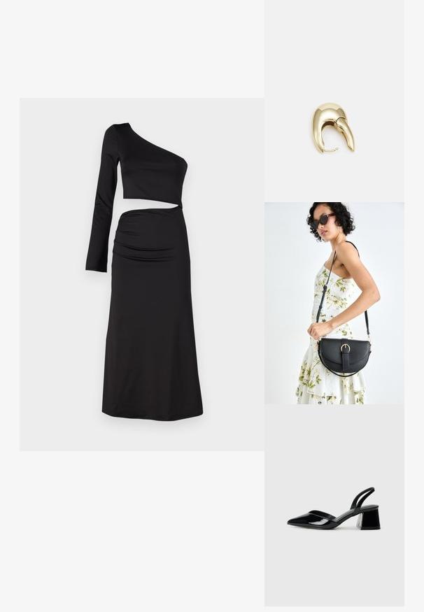 Crna haljina koja ima top s jednim ramenom i dugim rukavom, sa drapiranim detaljima na suknji visokog struka, izrađena od glatkog materijala.; Crne lakirane kožne sandale s otvorenom petom i špicastim vrhom, s geometrijskom blok petom. Imaju elegantan, minimalistički dizajn i glatku teksturu.; Crna kožna torba s lukovitim oblikom, odvojivim remenom i zlatnim detaljima. Torba ima preklop s kopčom.; Zlatne metalne naušnice s elegantnim, zakrivljenim dizajnom. Imaju karakterističan šiljast oblik, poliranu površinu i zatvaranje na šarku.