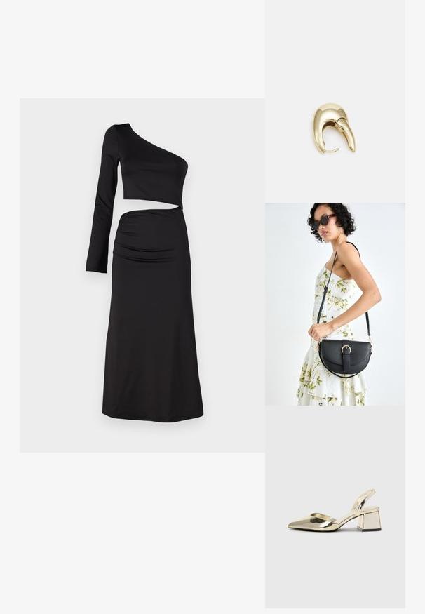 Svart kjole med en- skulder kort topp med lang erme, drapert detaljering på det høye skørtet, laget av glatt stoff.; Gull, metallisk slingback-hæler med spiss tå og chunky hæl. Glatt tekstur, minimalistisk design og en smal stropp.; Svart lærveske med en buet form, avtagbar stropp og gullbeslag. Vesken har et klaff med spenne-detall.; Gullfarget metalløredobber med et elegant, buet design. Har en karakteristisk spiss form, polert overflate og hengsel-lukking.
