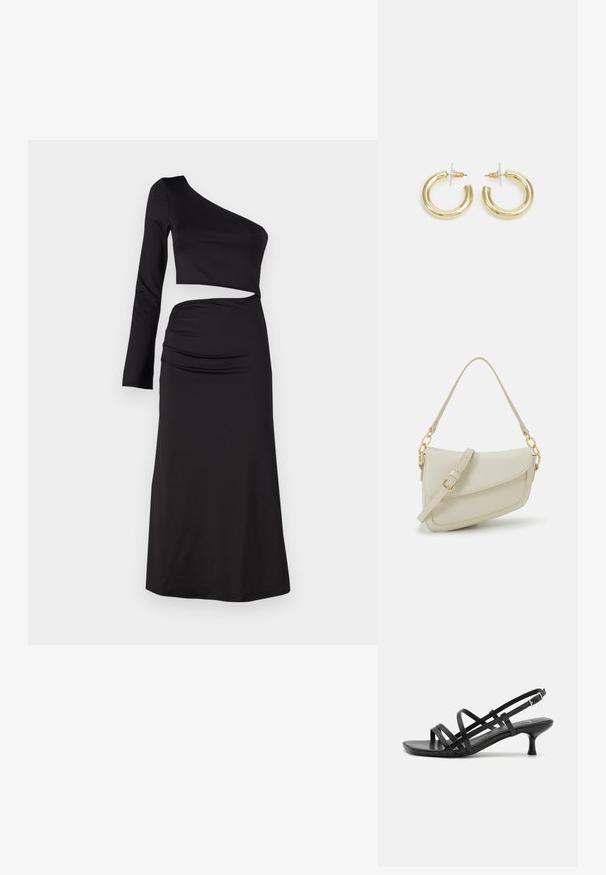 Robe noire avec un haut court à une épaule et une longue manche, présentant des détails drapés sur la jupe taille haute, fabriquée en tissu lisse.; Sandales à talons noirs avec plusieurs brides entrecroisées. Matériau lisse, bout pointu et talon étroit. Bride de cheville ajustable avec boucle.; Petit sac à main crème avec une finition texturée, une longue sangle réglable, un accent en chaîne et une fermeture à rabat. Détails en matériel doré.; Boucles d'oreilles en or avec une finition lisse et brillante. Design circulaire présentant un petit clou et une attache transparente pour un port sécurisé.