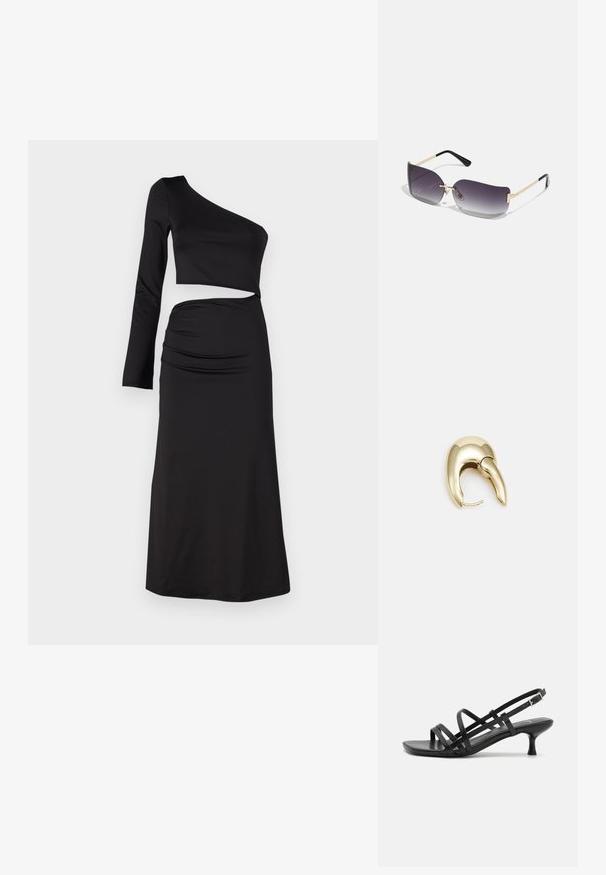 Fekete ruha egy vállán pánt nélküli, hosszú ujjú, cropped topal, a magasderekú szoknyán drapériás részletekkel, sima anyagból készült.; Fekete magassarkú szandálok több keresztben átkötött pánttal. Simább anyag, hegyes orr és keskeny sarok. Állítható bokapánt kapcsos rögzítéssel.; Szürke átmenetes lencséjű napszemüveg, aranyszínű fémkeret és fekete műanyag elemek. Egyedi pillangó alakú lencsék vékony szárakkal.; Aranyszínű fém fülbevaló, elegáns, ívelt formával. Különleges hegyes alak, fényes felszín és zsanéros záródás jellemzi.