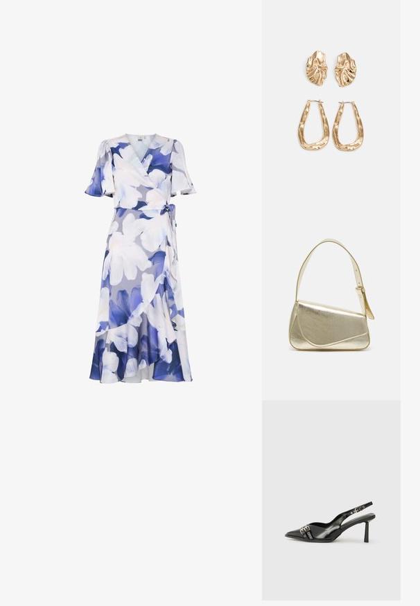 Robe portefeuille florale dans des teintes de violet clair et de bleu. Caractéristiques : manches courtes à volants, ceinture à la taille et ourlet fluide avec un design en couches.; Chaussure slingback en cuir verni noir avec un embout pointu, des brides de cheville avec des boucles en argent et des éléments en métal, et un talon fin.; Sac à main en métal doré avec un design structuré, texture lisse et bandoulière ajustable. Présente une forme triangulaire unique et des coutures minimalistes.; Boucles d'oreilles dorées présentant des formes texturées et ondulées. Comprend des clips sculpturaux et un design de créoles ouvertes avec une finition martelée.