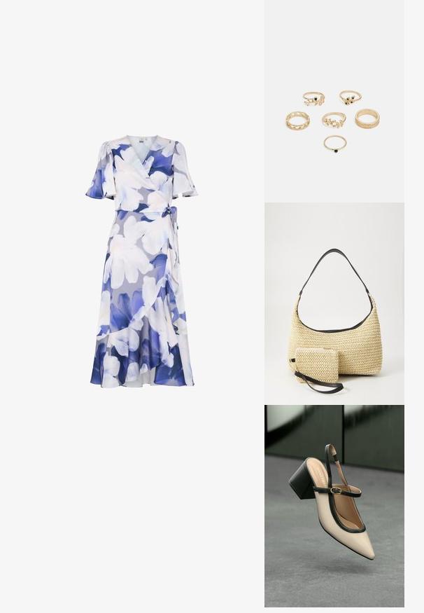 Virágmintás, világos lila és kék árnyalatú, rakott ruházat. Rövid fodros ujjakkal, derékon megkötővel és réteges kialakítású, lebegő szegéllyel rendelkezik.; Beige, hegyes orrú, pántos cipő fekete díszítéssel, arany csattal és vastag blokk sarokkal, szürke padlón, sötétzöld háttér előtt.; Fonott szalmakézi táska ívelt sziluettel, sima fekete bőrszíjjal és egy hozzá illő, csuklószíjjal rögzített kis tasakkal.; Hat gyűrűből álló készlet arany színben, különböző mintákkal: fonott, levélmotívumokkal és sima karikák; néhány zöld drágakő díszítéssel.