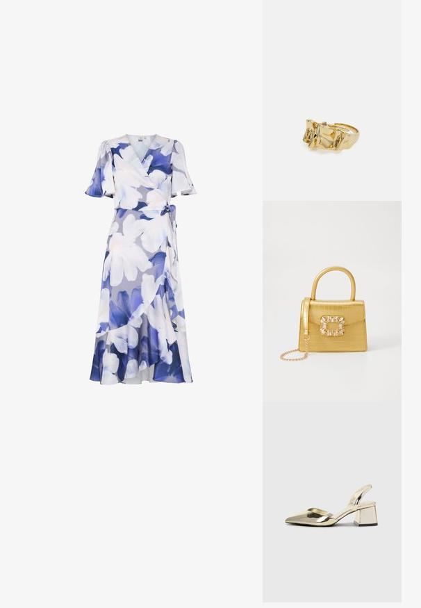 Ziedu apģērbs ar garām piedurknēm gaiši purpursarkanos un zilos toņos. Iezīmē īsas viļņainas piedurknes, jostu jostasvietā un plūstošu apakšmalu ar slāņainu dizainu.; Zeltaini, metāla kurpes ar siksniņām, norakans purngalis un masīla papēdis. Gluda tekstūra, minimālisma dizains un šaura siksna.; Dzeltena mākslīgā krokodila roku soma ar strukturētu dizainu, augšējo rokturi, noņemamu ķēdes siksniņu un dekoratīvām kristāla rotājumiem aizdares daļā.; Zelta gredzens ar teksturētu, viļņotu dizainu, kas rotāts ar trim izteiktām virsotnēm. Gluda, spīdīga virsma ar atvērtu joslu, lai to varētu pielāgot.