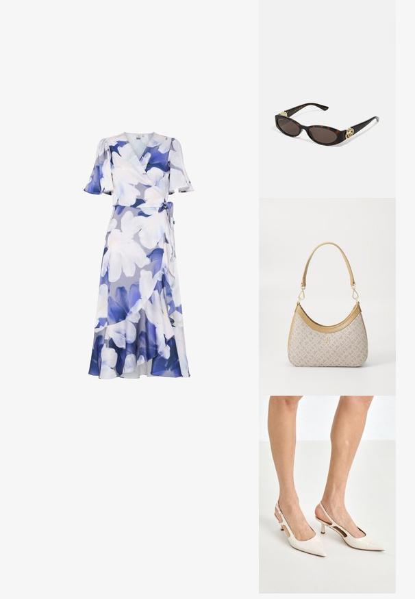 Bloemengedekte wikkeljurk in licht paarse en blauwe tinten. Beschikt over korte gerimpelde mouwen, een strik rond de taille en een vloeiende zoom met gelaagd ontwerp.; Beige gepatineerde leren slingback hakken met een spitze neus en een hak van 5 cm, met uitsparingen aan de zijkanten en een dunne enkelband.; Schildpadbril met langwerpige ovale lenzen, bruine tint, gouden logo-accenten op de pootjes en slanke zwarte armen.; Beige handtas met een patroon en een gebogen vorm, leren accenten en een goudkleurig logo aan de voorkant. Beschikt over een kort handvat voor gemakkelijk dragen.