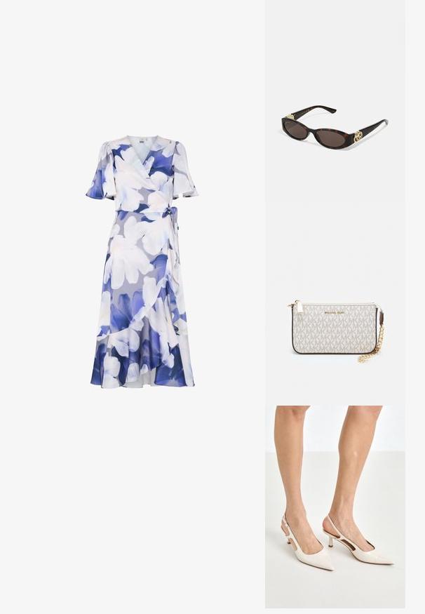 Blumenkleid in hellen lila und blauen Farbtönen. Mit kurzen, gerüschten Ärmeln, einem Bindeband in der Taille und einem fließenden Saum mit geschichtetem Design.; Beige Lackleder Slingback-Absätze mit spitzem Fuß und 5 cm Absatz, mit ausgeschnittenen Seiten und einem schmalen Knöchelriemen.; Schildpatt-Sonnenbrille mit länglich-ovalen Gläsern, braunem Farbton, goldenen Logo-Akzenten an den Bügeln und schlanken schwarzen Bügeln.; Michael Kors Clutch in beige beschichtetem Canvas mit einem wiederholten MK-Logo-Muster, goldfarbener hardware und einem abnehmbaren Kettenriemen.