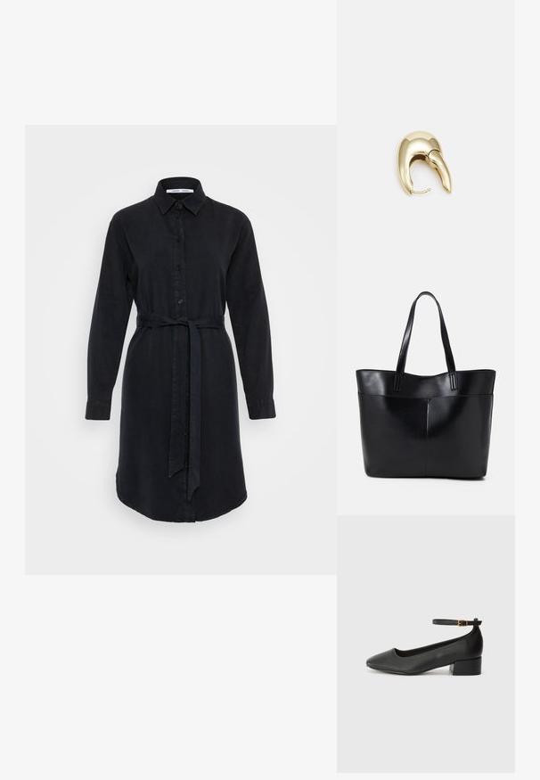 Črna srajčna obleka z dolgimi rokavi, z gumbom spredaj, ovratnikom in tkanim pasom v pasu; ima ukrivljen rob.; Črne usnjene pumpice z nazobčanimi prsti in nizko blokasto peto. Imajo trak okoli gležnja z zaponko v zlatem tonu. Gladka tekstura.; Črna usnjena torba z dvema dolgima ročajema, gladko teksturo in strukturirano obliko. Ima sprednji žep za dodatno shranjevanje.; Uhane nakit iz zlatastega tona z gladko, ukrivljeno zasnovo. Ima edinstveno koničasto obliko, polirano površino in zaponko s tečajem.