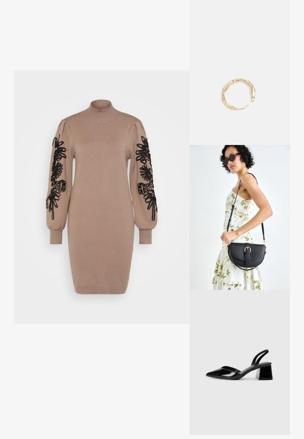 Bežinė megztinė su aukštu kaklu. Ilgos rankovės puošia juodi gėlių siuvinėjimai. Dėvėjimo forma liekna, su raukšlėmis ant rankovių ir apatinio krašto.; Juodos lakuotos odinės šlepetės su smailiu pirštu ir geometriniu bloko kulnu. Turi elegantišką, minimalistinį dizainą ir lygų paviršių.; Juodas odinis krepšys su išlenkta forma, nuimamu dirželiu ir auksiniais detalėmis. Krepšys turi kilpą su sagtimi.; Auksinės spalvos žiedas, turintis organišką, sukimosi dizainą su lygiu paviršiumi ir siaurėjančiais galais, sukuriantis modernią skulptūrinę išvaizdą.